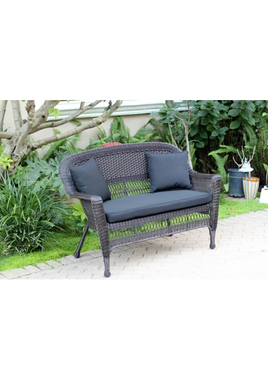 Espresso Wicker Patio Love Seat With Black Cushion and Pillows
