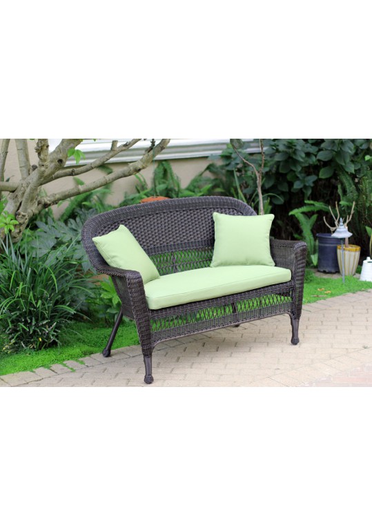 Espresso Wicker Patio Love Seat With Sage Green Cushion and Pillows