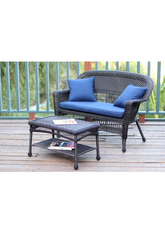 Espresso Wicker Patio Love Seat And Coffee Table Set With Midnight Blue Cushion