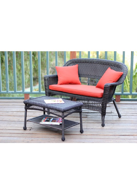 Espresso Wicker Patio Love Seat And Coffee Table Set With Brick Red Cushion