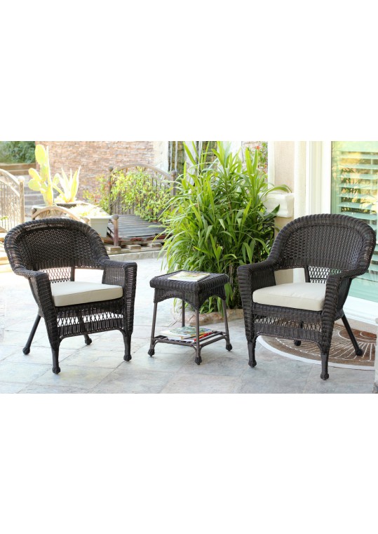 Espresso Wicker Chair And End Table Set With Tan Chair Cushion