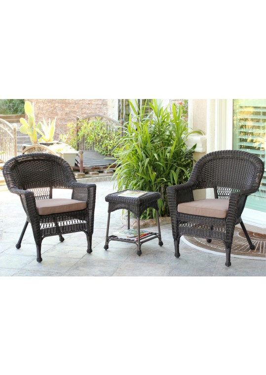 Espresso Wicker Chair And End Table Set With Brown Chair Cushion