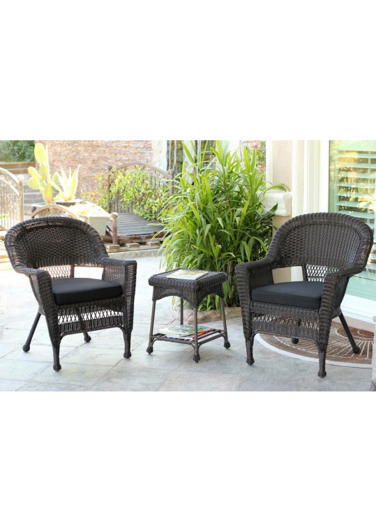 Espresso Wicker Chair And End Table Set With Black Chair Cushion