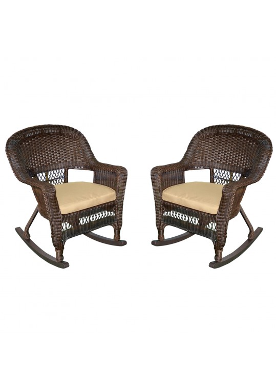 Espresso Rocker Wicker Chair with Tan Cushion -  Set of 2