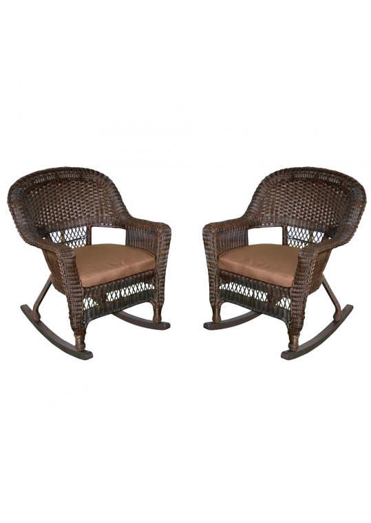 Espresso Rocker Wicker Chair with Brown Cushion -  Set of 2