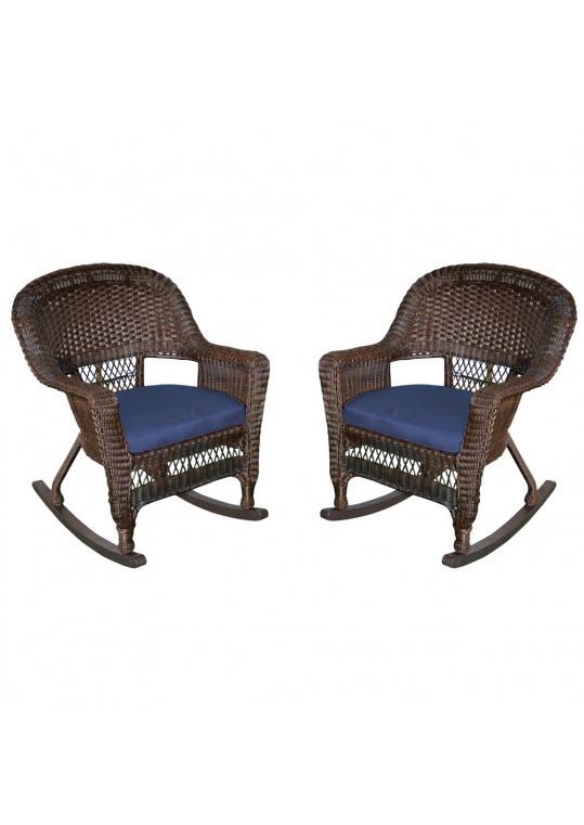 Espresso Rocker Wicker Chair with Midnight Blue Cushion -  Set of 2