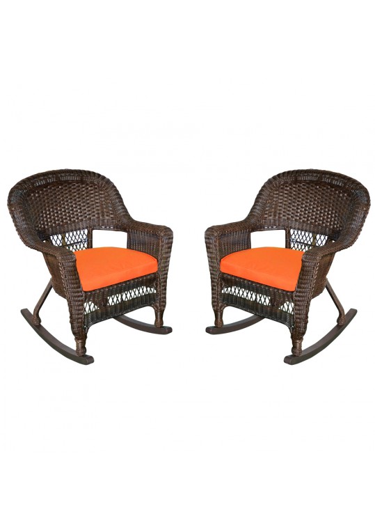 Espresso Rocker Wicker Chair with Orange Cushion -  Set of 2