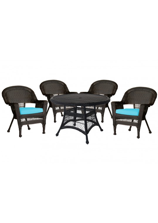 5pc Espresso Wicker Dining Set - Sky Blue Cushions