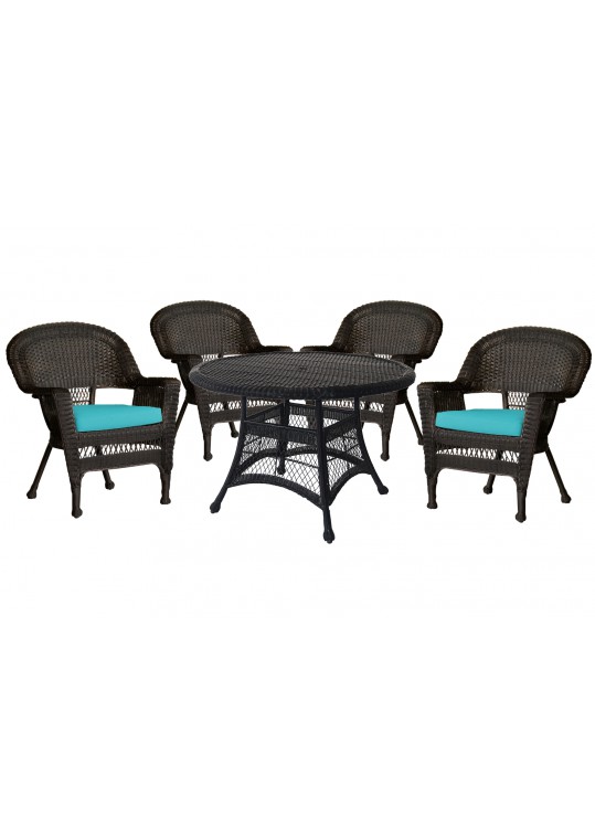5pc Espresso Wicker Dining Set - Turquoise Cushions
