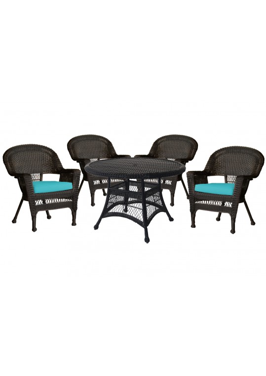 5pc Espresso Wicker Dining Set - Turquoise Cushions