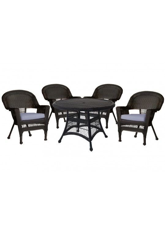 5pc Espresso Wicker Dining Set - Steel Blue Cushions