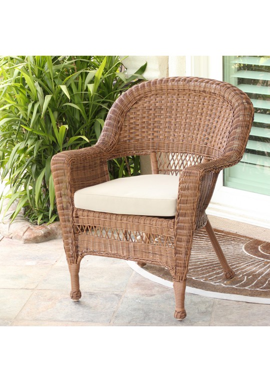Honey Wicker Chair With Tan Cushion
