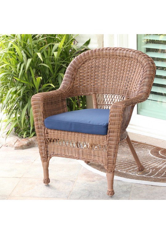 Honey Wicker Chair With Midnight Blue Cushion