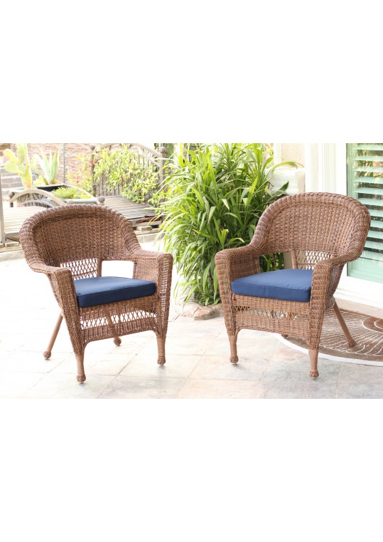 Honey Wicker Chair With Midnight Blue Cushion - Set of 4