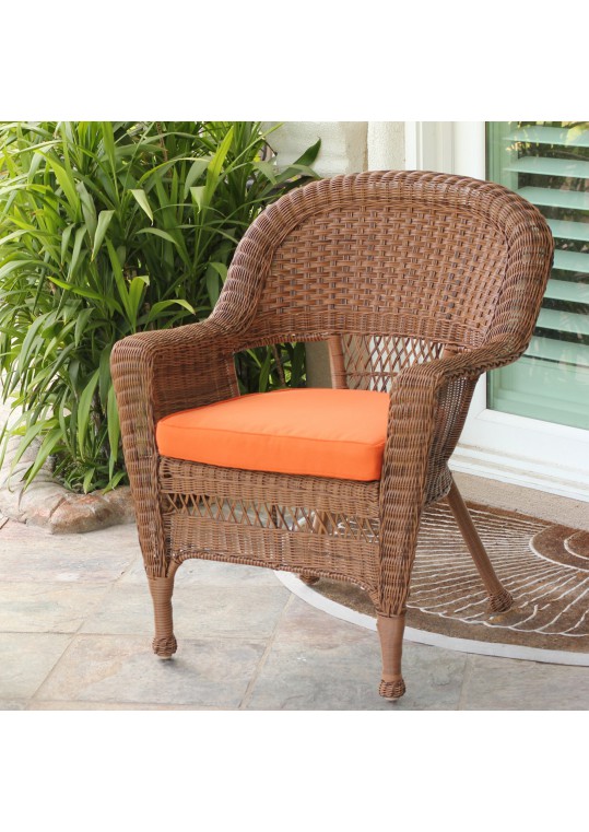 Honey Wicker Chair With Orange Cushion