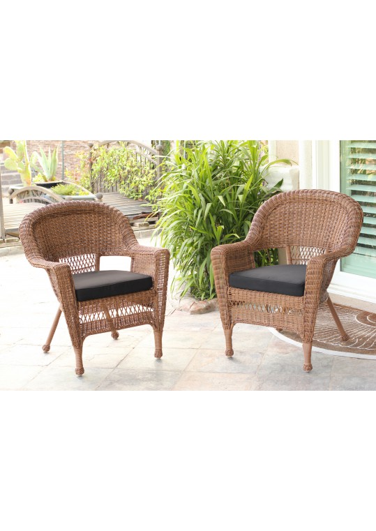 Honey Wicker Chair With Black Cushion - Set of 4