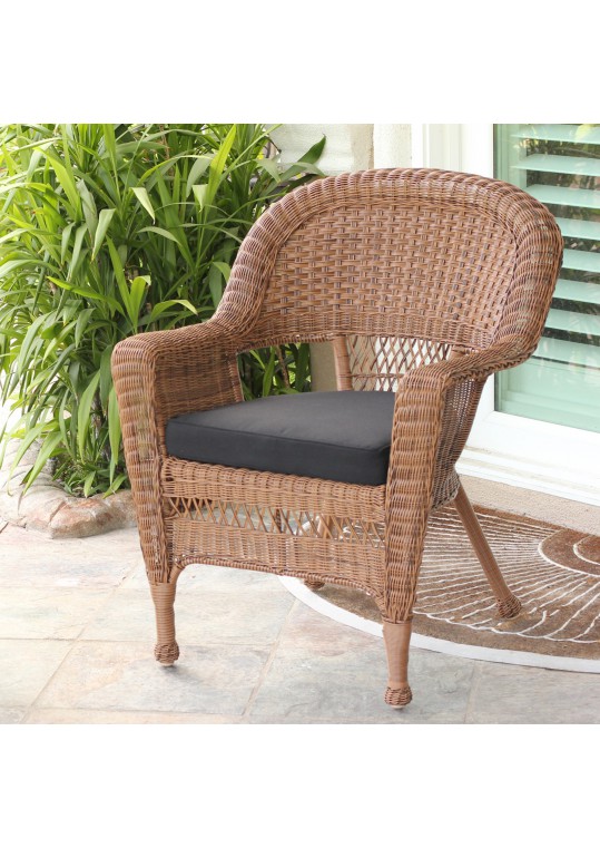 Honey Wicker Chair With Black Cushion