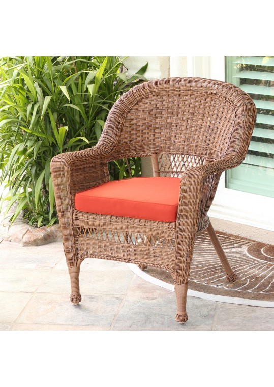 Honey Wicker Chair With Brick Red Cushion