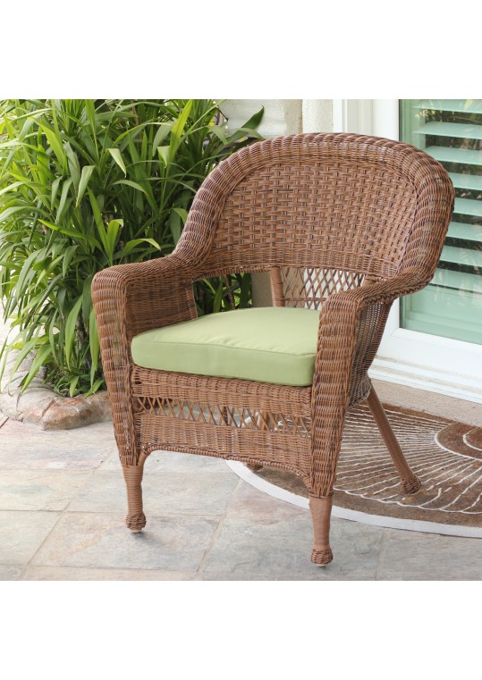 Honey Wicker Chair With Sage Green Cushion