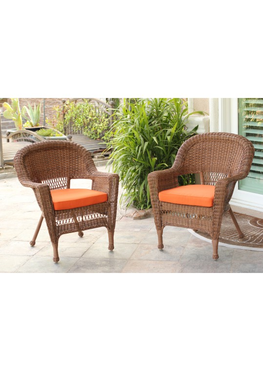 Honey Wicker Chair With Orange Cushion - Set of 2