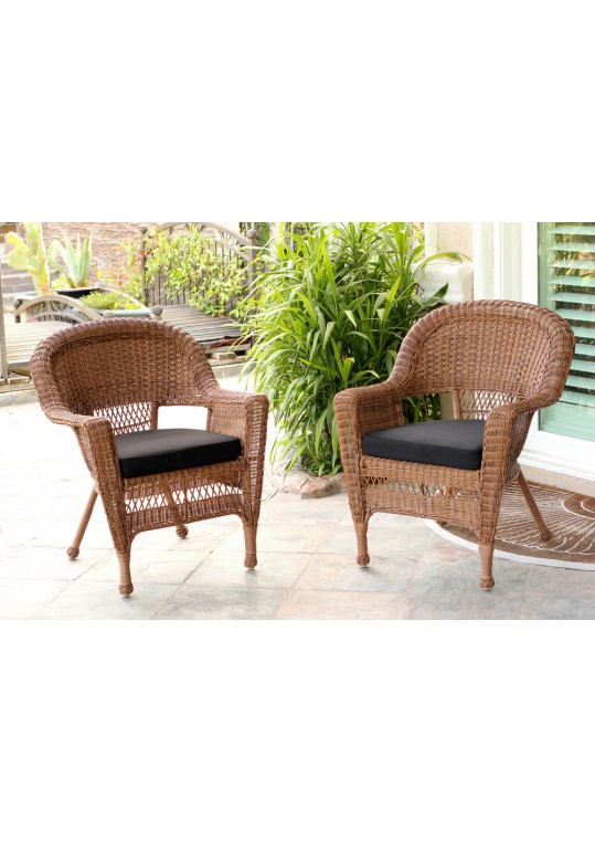 Honey Wicker Chair With Black Cushion (Set of 2)