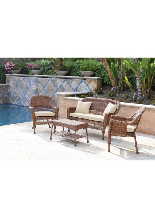 4pc Honey Wicker Conversation Set - Ivory Cushions