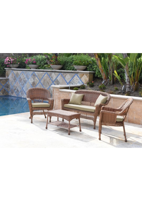 4pc Honey Wicker Conversation Set - Tan Cushions