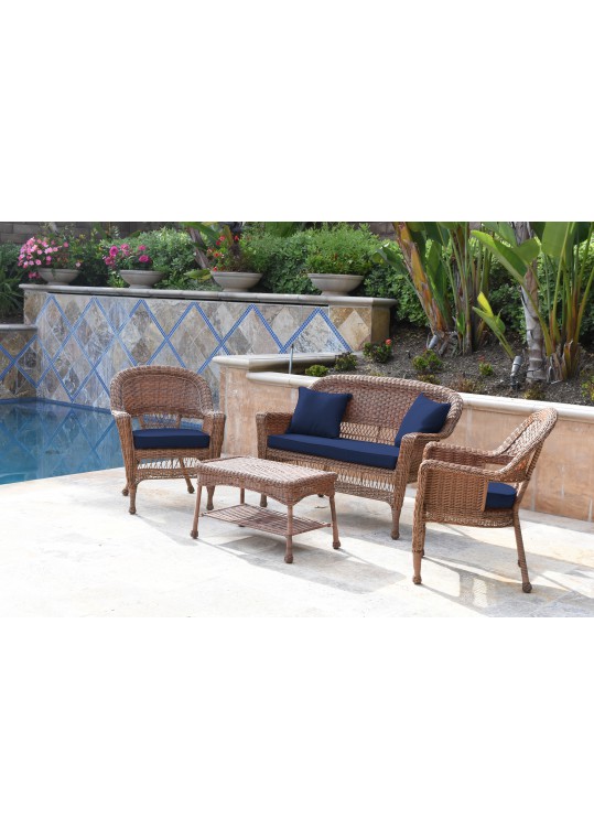 4pc Honey Wicker Conversation Set - Midnight Blue Cushions