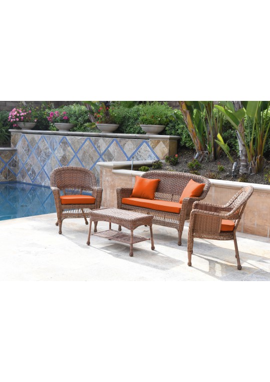 4pc Honey Wicker Conversation Set - Orange Cushions