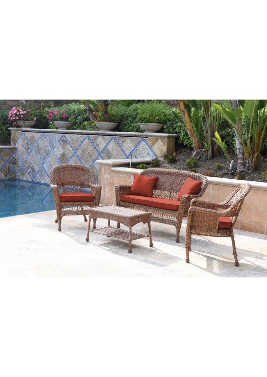 4pc Honey Wicker Conversation Set - Brick Red Cushions