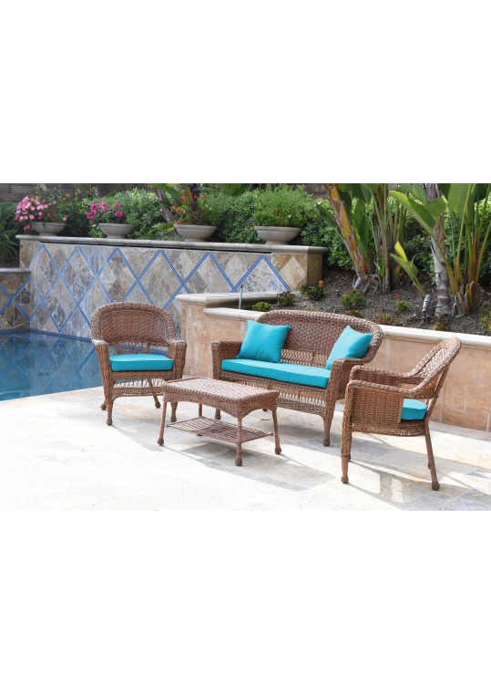 4pc Honey Wicker Conversation Set - Sky Blue Cushions