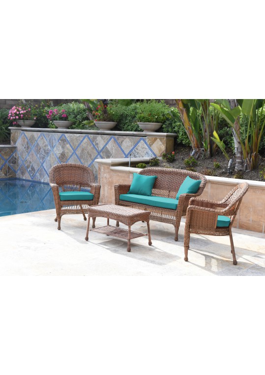 4pc Honey Wicker Conversation Set - Turquoise Cushions