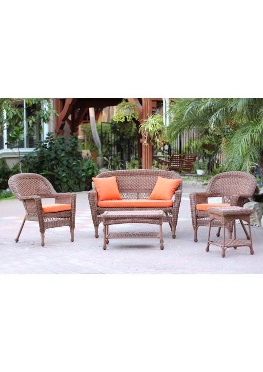 5pc Honey Wicker Conversation Set - Orange Cushions