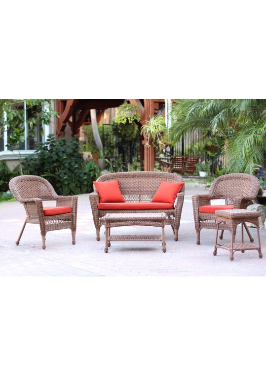 5pc Honey Wicker Conversation Set - Brick Red Cushions