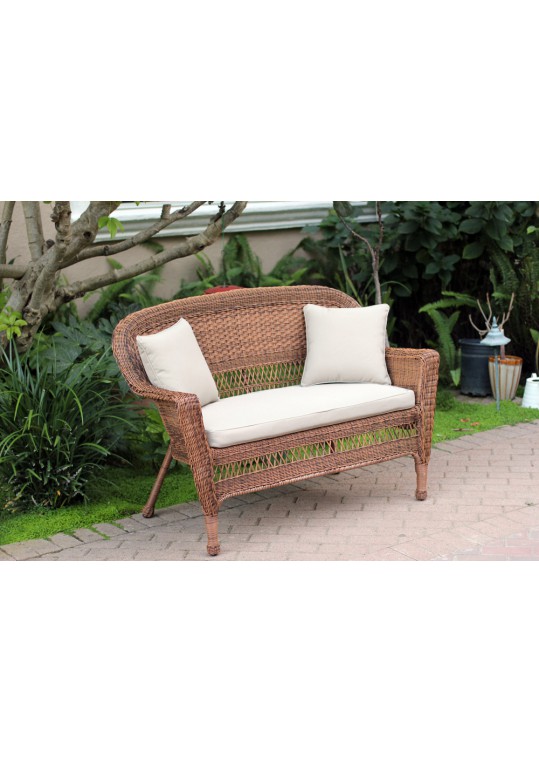 Honey Wicker Patio Love Seat With Tan Cushion and Pillows
