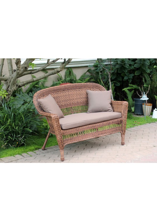 Honey Wicker Patio Love Seat With Brown Cushion and Pillows