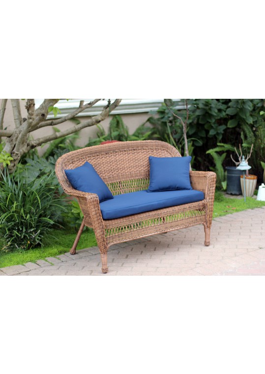 Honey Wicker Patio Love Seat With Midnight Blue Cushion and Pillows