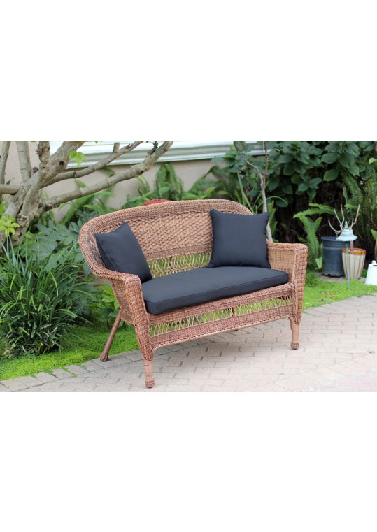 Honey Wicker Patio Love Seat With Black Cushion and Pillows