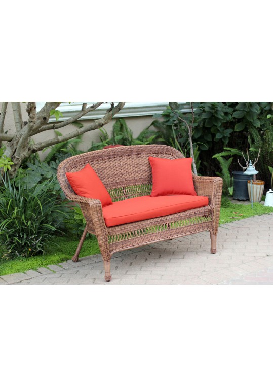 Honey Wicker Patio Love Seat With Brick Red Cushion and Pillows