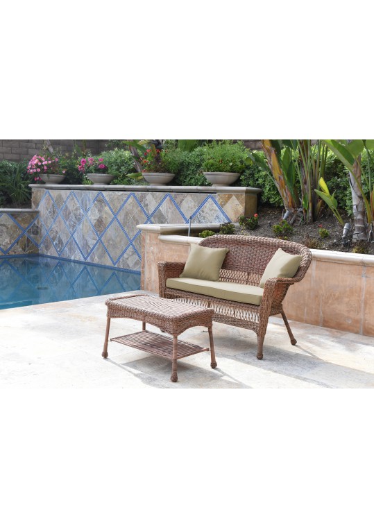 Honey Wicker Patio Love Seat And Coffee Table Set With Tan Cushion