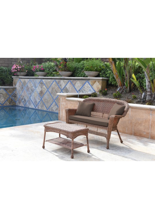 Honey Wicker Patio Love Seat And Coffee Table Set With Brown Cushion