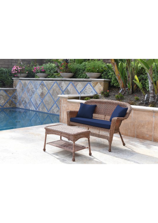Honey Wicker Patio Love Seat And Coffee Table Set With Midnight Blue Cushion