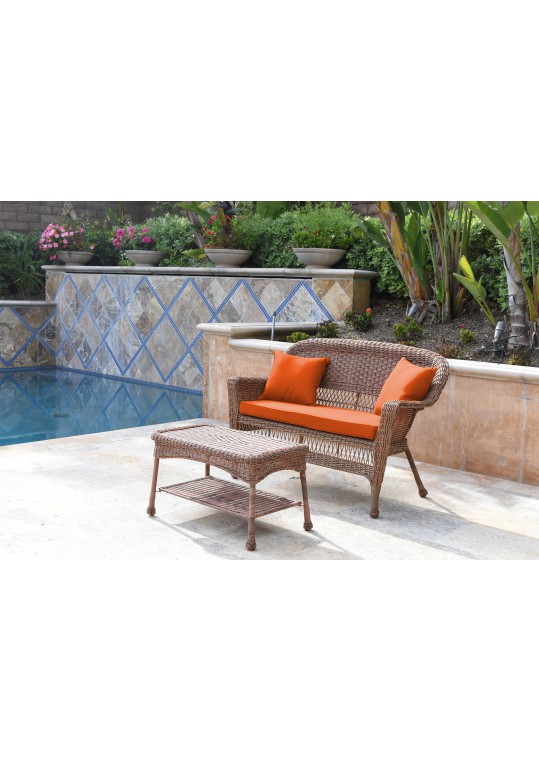Honey Wicker Patio Love Seat And Coffee Table Set With Orange Cushion