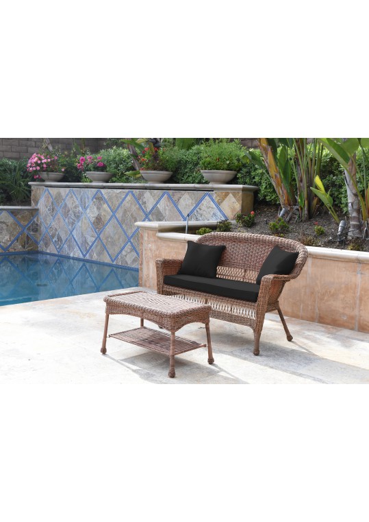 Honey Wicker Patio Love Seat And Coffee Table Set With Black Cushion