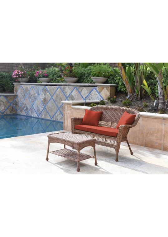 Honey Wicker Patio Love Seat And Coffee Table Set With Brick Red Cushion