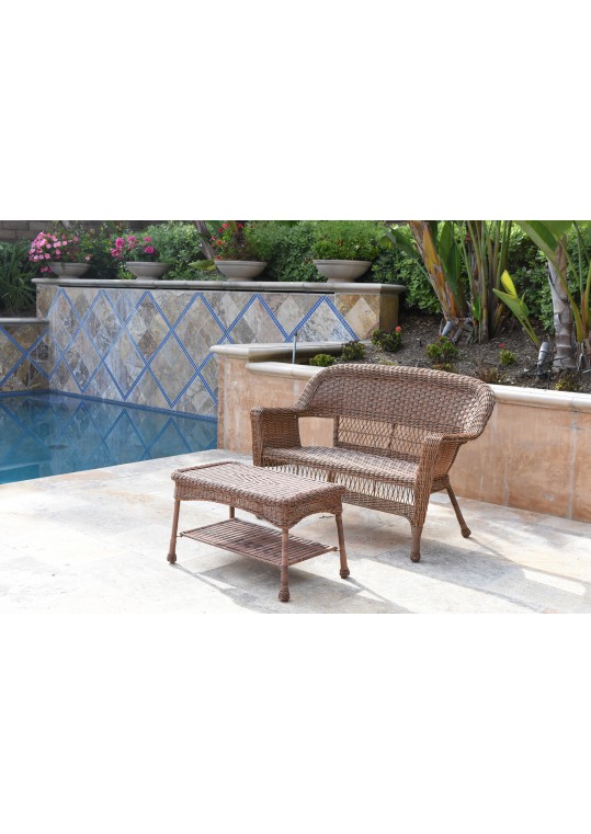Honey Wicker Patio Love Seat And Coffee Table Set Without Cushion