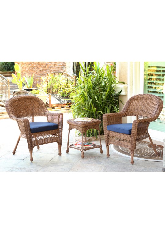Honey Wicker Chair And End Table Set With Midnight Blue Chair Cushion
