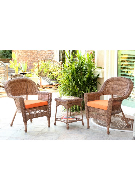 Honey Wicker Chair And End Table Set With Orange Chair Cushion