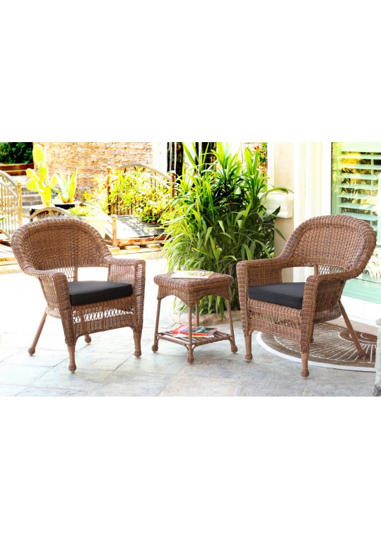 Honey Wicker Chair And End Table Set With Black Chair Cushion