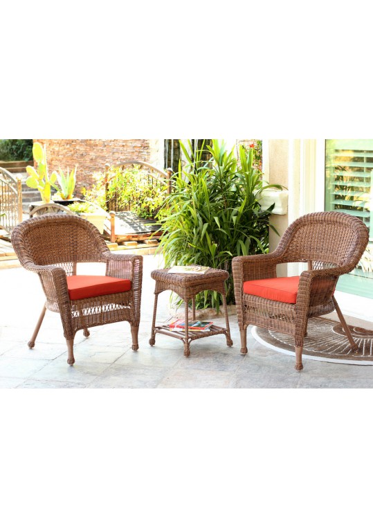 Honey Wicker Chair And End Table Set With Brick Red Chair Cushion